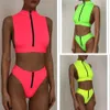 High Waist Bikini Mujer Neon Green Swimsuit Female Neck Swimwear Women Zipper Crop Top Sexy Bathing Suit Bathers 210621