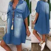 2021 Nowe Jesienne damskie Casual Denim Bluzki Denim Luźne Krótki Rękaw Skręt Kołnierz Dresses Dresses Plus Size