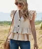 Volants V Col Chemise Femme Flying Short Sleeve Botton Summer Fashion Blouses Vêtements American Streetwear Tops Travail 210625