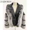 Zadorin Top Mode Luxe Fausse Fourrure Manteau Moto PU Cuir Turn Down Collier Chaud Fausse Veste Femmes Hiver 211220