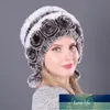 Winter Women Flowers Striped Natural Real Rex Fur Hats Lady Warm Knit Genuine Fur Caps Russian Outdoor Fur Hats Factory price expert design Quality Latest Style