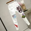 Women White Skinny Denim Pants Cartoon Graffiti Printed Stretch Jeans Autumn Slim Body Pencil Ladies Plus Size 211129