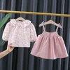 2021 Newborn Baby Girl Clothes Outfit Set Print Shirt Strap Dress 2pcs Baby Suits for Toddler Infant Baby Girls Clothing Sets Q0716