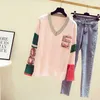 Mujeres con cuello en V Suéteres Color suelto Lentejuelas con cuentas Jersey de manga larga Tops de mujer Blusas 210917