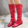 Woman Knee High Boots Red Black White Tall Boots Woman Pleated Low Heel Casual Leather Autunm Winter Female Long Shoe Women New H1116