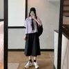 [with tie] summer Korean simple plaid shirt + high-waisted tooling half-length a-line skirt women's preppy suits 210526