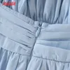 Tangada Zomer Dames Franse Stijl Blauw Off Shoulder Dress Backless Puff Sleeve Dames Sundress 4T65 210609