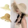 Kvinnor Summer virkning vävt halm Sun Visor hatt fransade tofsar stora breda grim UV -skydd Floppy Packable Beach Cap G220301