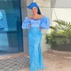 Bleu clair hors épaule dentelle sirène robes de bal Aso Ebi Style manches gonflées robes de soirée sud-africaine soirée formelle