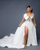 2021 Vintage Arabo Aso Ebi Abiti da sposa a sirena Cristalli Perle Pizzo Illusion Neck Ruffles Side Split Maniche lunghe Treno staccabile Overskirts Abiti da sposa