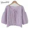 Yitimuceng Floral Blouse Femmes Surdimensionné Découpé Chemises Mode Coréenne Manches Bouffantes Bureau Dame Blanc Violet Tops D'été 210601