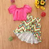 Çocuk Giyim Setleri Kız Kıyafetler Çocuk Kapalı Omuz Tops + Renkli Dalga Desen Şerit Düzensiz Etekler 2 adet / takım Yaz Moda Butik Bebek Giysileri