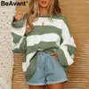 Beavant Casual Striped Stickad Sweater Kvinnor O Neck Tjock Pullover Kvinna Jumper Loose Soft Streetwear Wool Sweater Vinter 210709