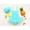 Retail Princess Lace Baby Girl Swimwear .Little Tulle Bodysuit+ Cap For Kids 1-4,Pink Purple Toddler Swimming Suit 210529