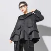 [EAM]ルーズフィットブラック非対称スプリットビッグサイズショートジャケットフード付き長袖女性コートファッションスプリング1N797 211014