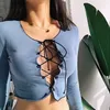 XIBANI Cross tie top women's low chest short open navel sexy nightclub long sleeve fashion high street blue 210604