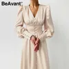 BeAvant Elegant spring satin bishop sleeve a-line dress women V-neck high waist button dress solid Vintage long dresses chic 210709
