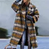 Höst Plaid Långärmad Coats Jackor Elegant Slå ner Krage Varm kappa Kvinnor Pocket Checkered Vinter Jacka Overhirt 211118