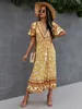 Floral Print Surplice Front Tassel Shirred Dress SHE