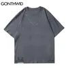 Koszulki Hip Hop Solid Color Łańcuch Tees Koszule Zniszczone dziury Harajuku bawełniane Streetwear Loose Fashion Tshirts Topy 210602