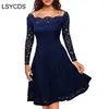 Femme robes à manches longues Slash cou fête de mariage porter décontracté une ligne Sexy rouge noir blanc dentelle robe grande taille S-3XL 210309