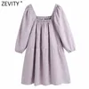 ZEVITY Frauen Französisch Stil Solor Elastische Falte Gerade Mini Kleid Damen Puff Sleeve Vestido Chic Casual Kleider DS8325 210603