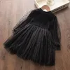 Tjejer spets tulle stickade klänningar barn ribbed mesh prinsessan klänningar vår höst boutique barn kläder m3941