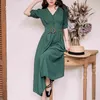 Vintage Summer Short Sleeve Long Women Dress V-neck Mid-Calf Fit and Flare Empire Cotton Office Lady Dresses Green 210603