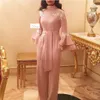 Robes De soirée De luxe De Dubaï avec combinaison De pantalon en plumes, Robes De bal pour femmes arabes, élégantes, col haut, robe formelle rose musulmane