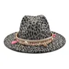 Nuevo sombrero de fieltro de moda para mujer, sombreros de Jazz de ala ancha con estampado de leopardo, sombreros de Jazz Unisex de lana Vintage para caballero, elegante viaje al aire libre