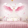 Rosa fjädrar vingar vägg klistermärken diy tecknad flicka väggdekaler för barn rum baby sovrum barn barnkammare hem dekoration 210705