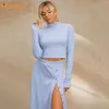 Autumn And Winter Women'S Casual Knitting 2 Two-Piece Set Sexy Long-Sleeved High-Neck Short Top + Button Slit Skirt 210527