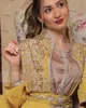 Marroquino Caftan Arábia Vestido De Noite Amarelo Cetim Ouro Bordado Argélia Dubai Sereia Prom Vestidos Formal Manga Longa 2021