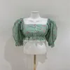 Женские блузки рубашки печать летние топы женщин 2022 сладкий темперамент квадратный воротник эластичный талии кружевной отделкой маленькая цветочная рубашка