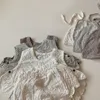 0-24M Baby Girls Sets Infantil 3 unids Color Sólido Bordado Chaleco Tops Shorts Sombrero Trajes Verano Ropa de niño Set 210309