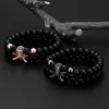 8MM Black Natural Stone Strands Bracelets CZ Micro Pave Skull Charm Bracelet 2PCS/Set