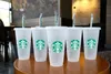 Starbucks 24 unz/710 ml plastikowy kubek wielokrotnego użytku Czarne picie z płaskim dolnym kubkiem Kształt Kształt Słomka