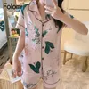 Printing Short Sleeve Silk Pajamas Set Two Piece Sleepwear Cute Nightwear for Sleeping set 210831