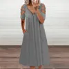 Robe d'été décontractée pour femmes, couleur unie, ajourée, manches courtes, fermeture éclair, col en v, Maxi, imprimée