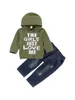 Babyjongen hooded trui + jeans, brief print, elastische taille gat design lente kleding G1023