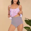 Riseado hög midja badkläder kvinnor bikini baddräkt blad print set ruffle biquini tropisk strand bär plus storlek xxl 210630