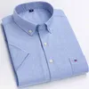 Męskie Oxford Krótki rękaw Summer Casual Shirts Single Pocket Wygodne Standard-Fit Button-Down Plat Paski Bawełniana Koszula 210721