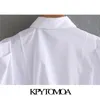 KPYTOMOA Kadınlar Moda Elastik Toplama ile Motorlu Bluzlar Vintage Puf Kol Düğme-Up Kadın Gömlek Blusas Chic Tops 210225