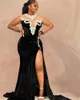 2022 abito da ballo a sirena in velluto nero sexy collo trasparente con spacco alto maniche lunghe plus size abiti da sera fromal per le donne arabe