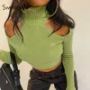 Sweetown Cut Out Sexy Woman Tshirts Y2K Aesthetic Ribbed Knitted 90s Tops Backless Lace Up Turtleneck Long Sleeve Autumn Tees Y0629