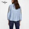 TEELYNN Bule boho blouse autum floral embroidered o-neck puff sleeve boho blouses hippie loose shirt blouse for women top 210225