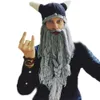 Men's Barbarian Vagabond Viking Beard Beanie Horn Hats Handmade Winter Warm Birthday Funny Gag Halloween Cap Christmas Gifts