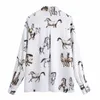 Mujeres Horse Print Turndown Collar Camisa de satén Mujer Blusa de manga larga Casual Lady Tops sueltos Blusas S8162 210226