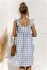 Casual Dresses Summer Women Plaid Dress Square Collar Butterfly Sleeve Loose Sexy Backless Ladies Midi Sundress Vestidos262L