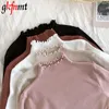 Turtleneck Ruched Women Sweater High Elastic Solid Fall Winter Fashion Slim Sexy Knitted Pullovers Pink White 210914